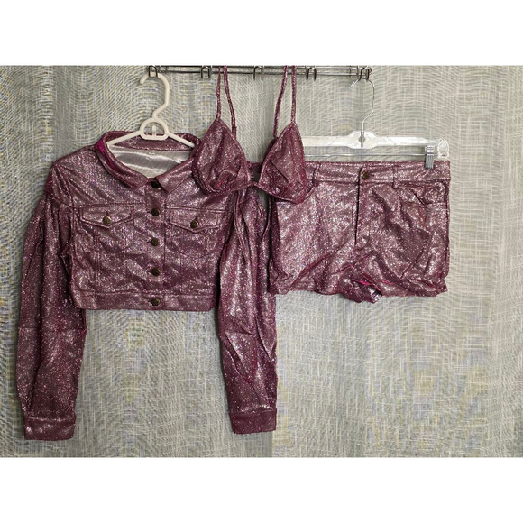 Women's Unbranded 3-Piece Set L Purple pink sparkly Jacket, Top & Shorts - Picture 1 of 12